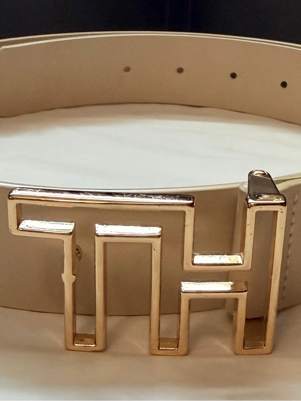 Tommy Hilfiger Cream Leather Belt with Gold TH Buckle